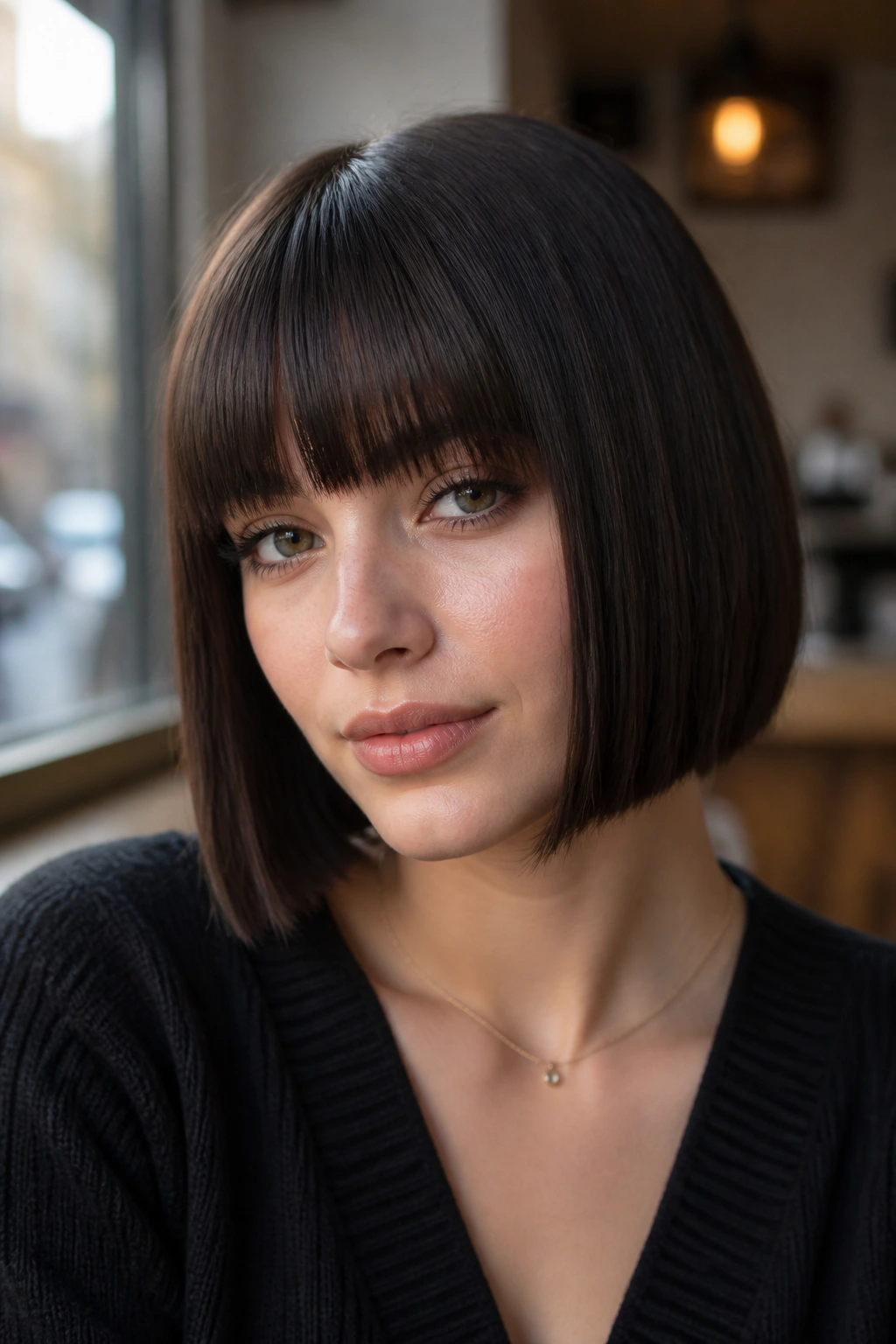 Close-up of a real woman with square bob and brow-grazing fringe in cafe light