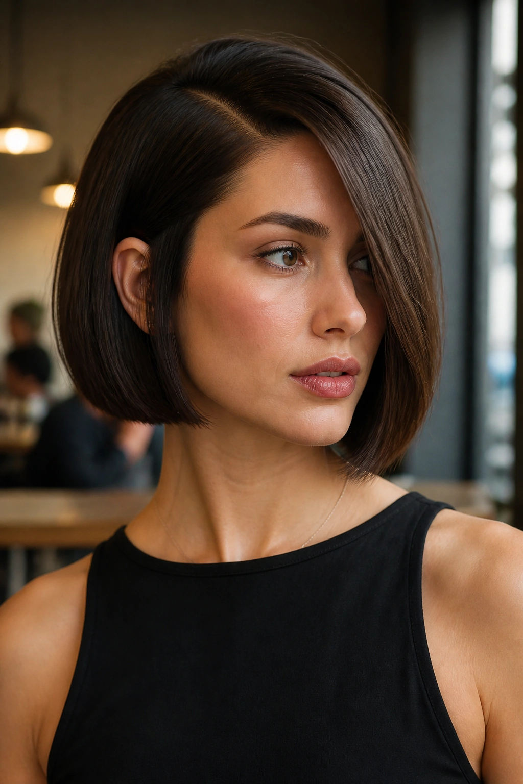 Close-up of real person with square bob and deep side part