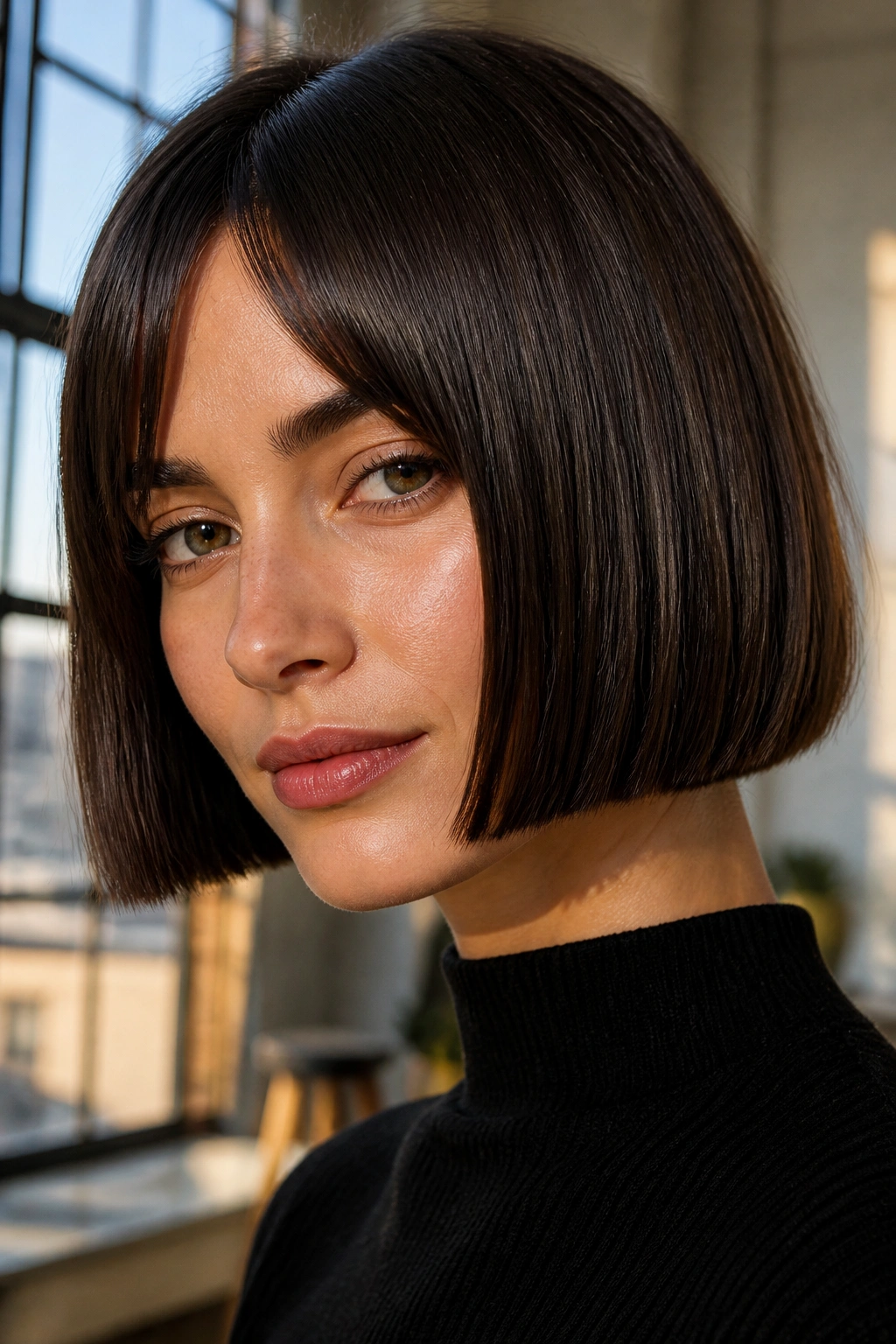 Close-up portrait of a real woman with a square bob hairstyle
