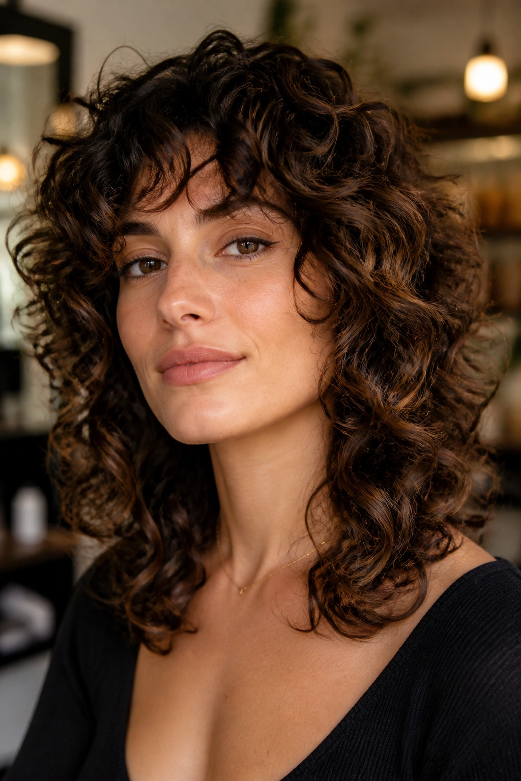 Close-up of a real woman with square-face curly shag showing curved front layers
