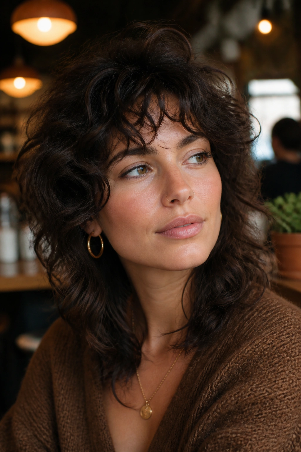 Close-up portrait of a woman with curly wolf cut softening square jaw with curved fringe