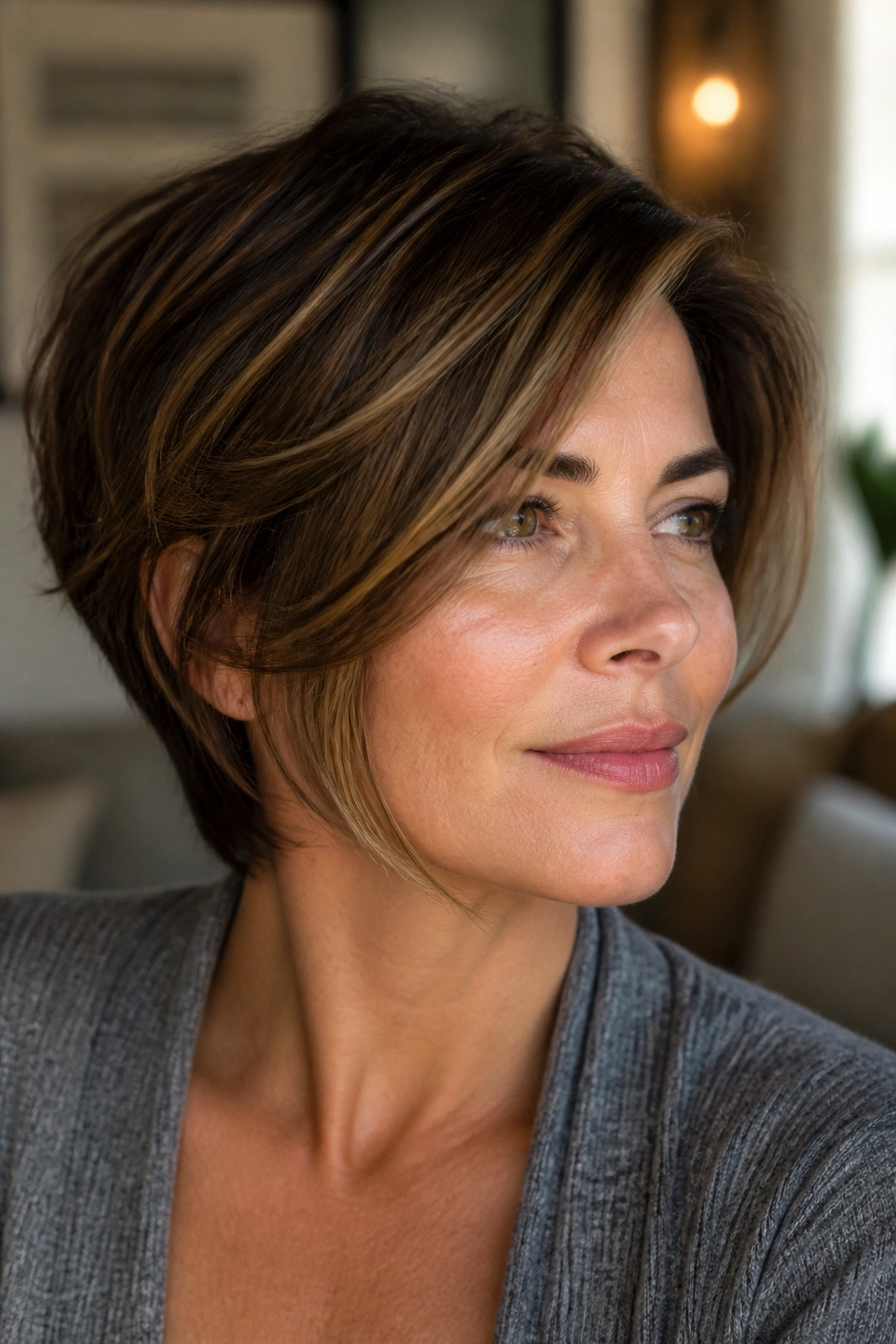 Portrait of a real woman with soft curved ends on a long pixie bob to soften square jawlines