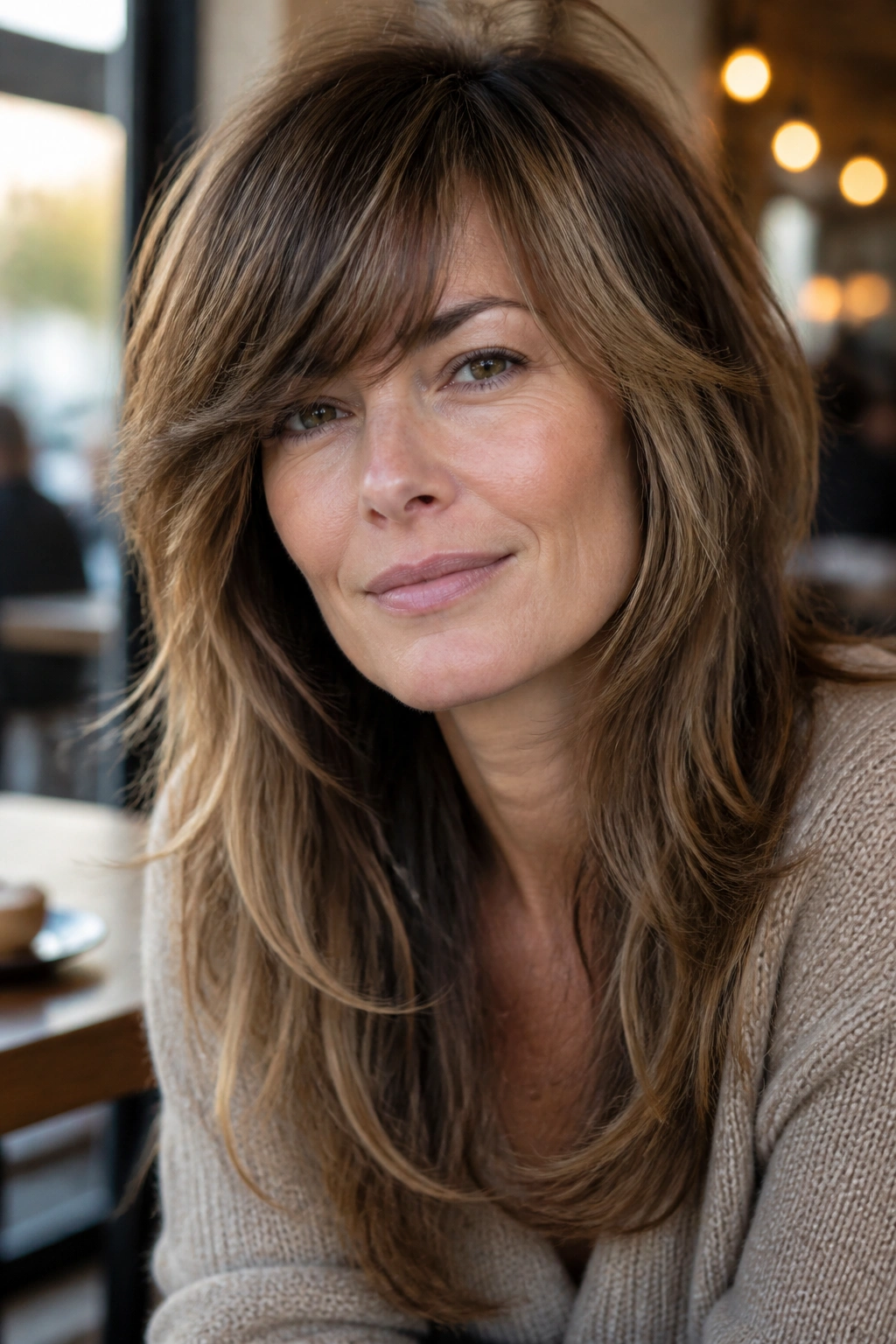 Close-up of a real woman with Square-Face Softening Long Shag and side-swept fringe