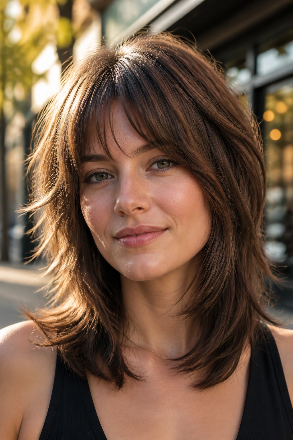 Close-up of a real woman with a square-face-softening shag featuring curved front pieces in golden hour light