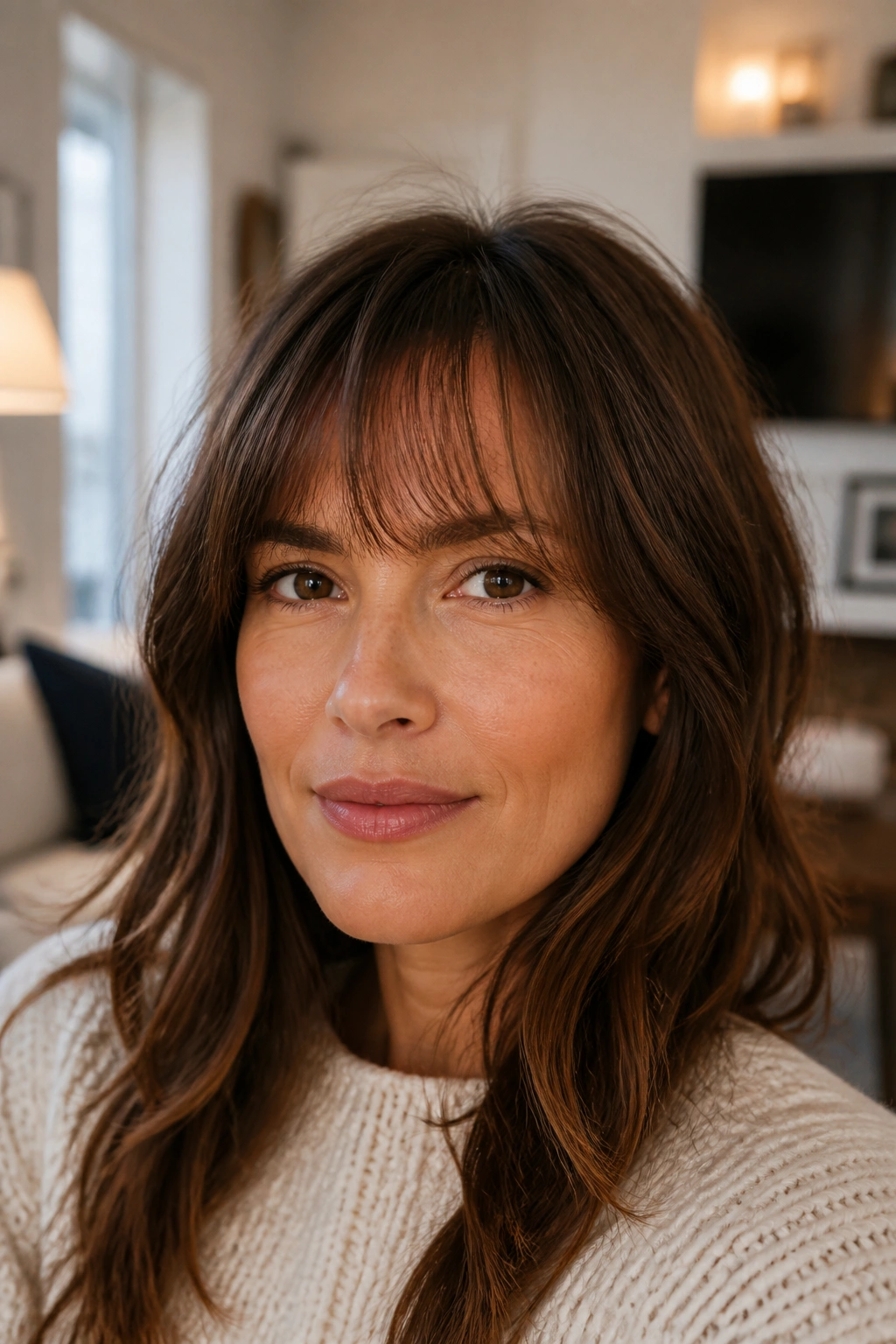 Portrait of a real woman with curved wispy bangs on a square face