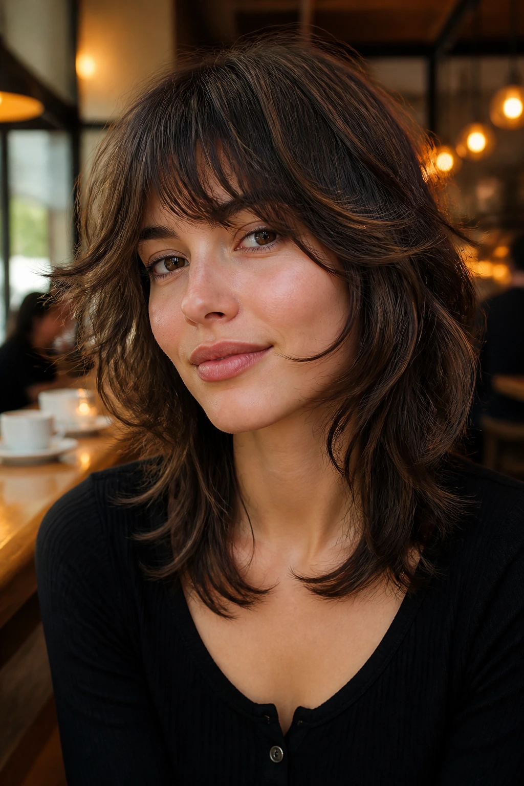 Real person with square-face wolf cut and soft cheek layers in a warm cafe setting