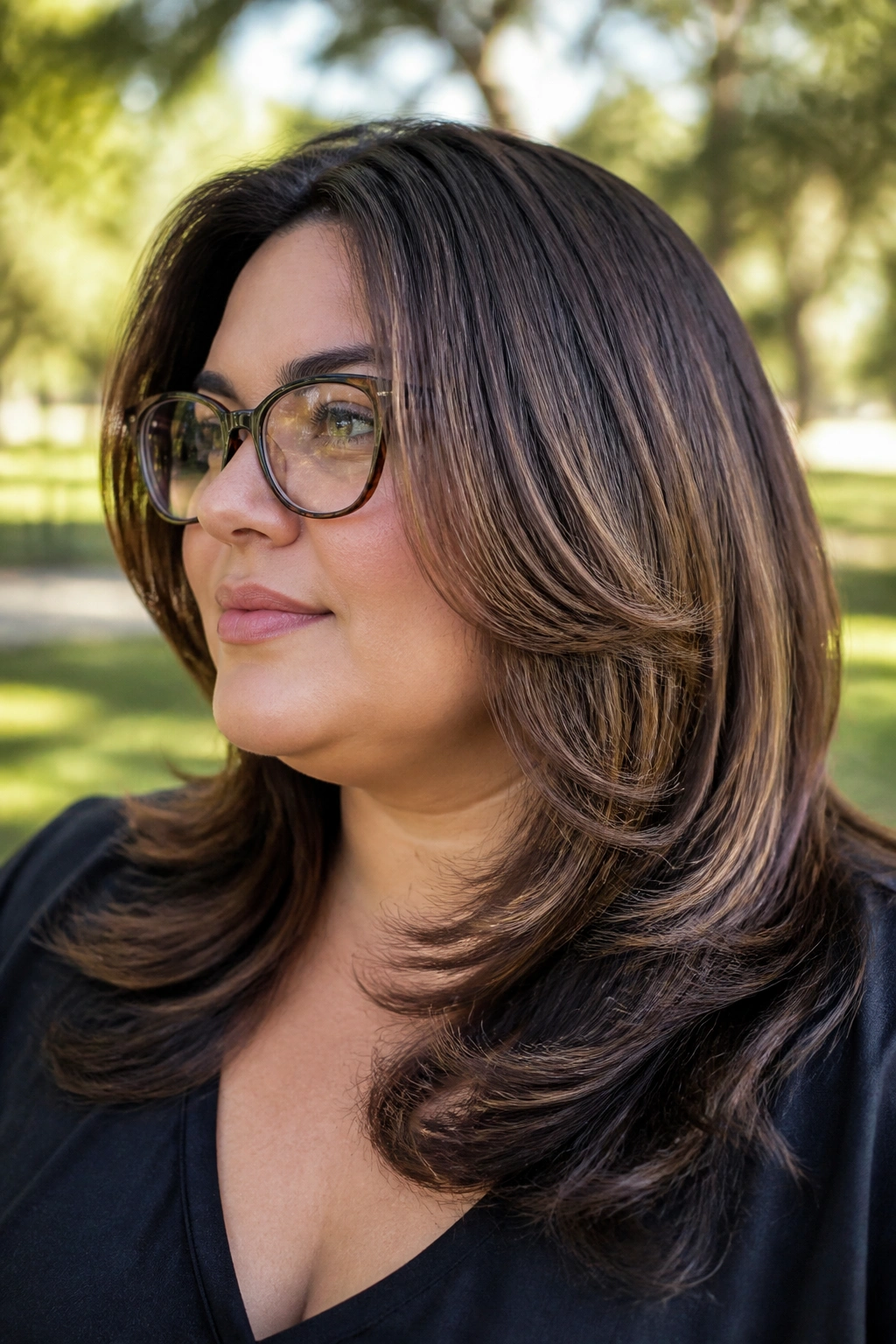 Portrait of a plus-size woman with square-jaw butterfly cut and floating layers