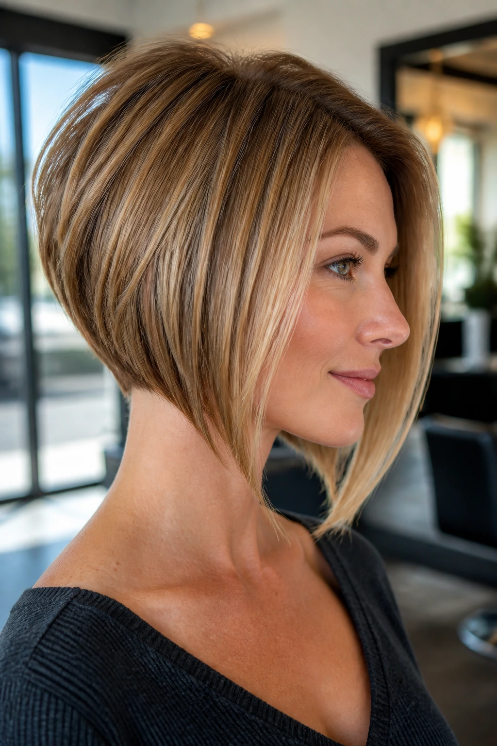 Close-up of a real woman with a stacked angled bob showing crown lift and angled silhouette