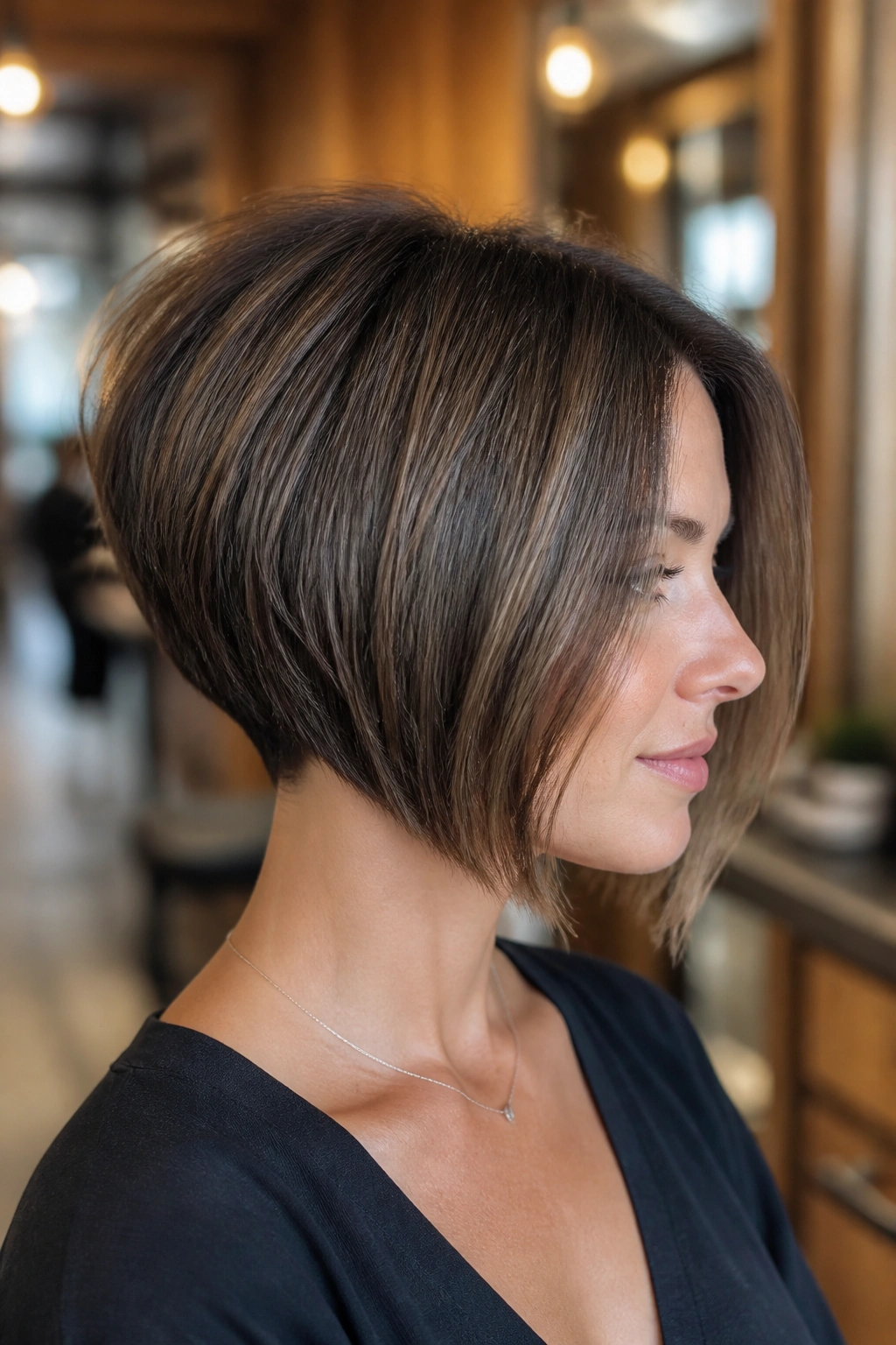 Close-up profile of a real woman with a stacked angled bob in a chic salon