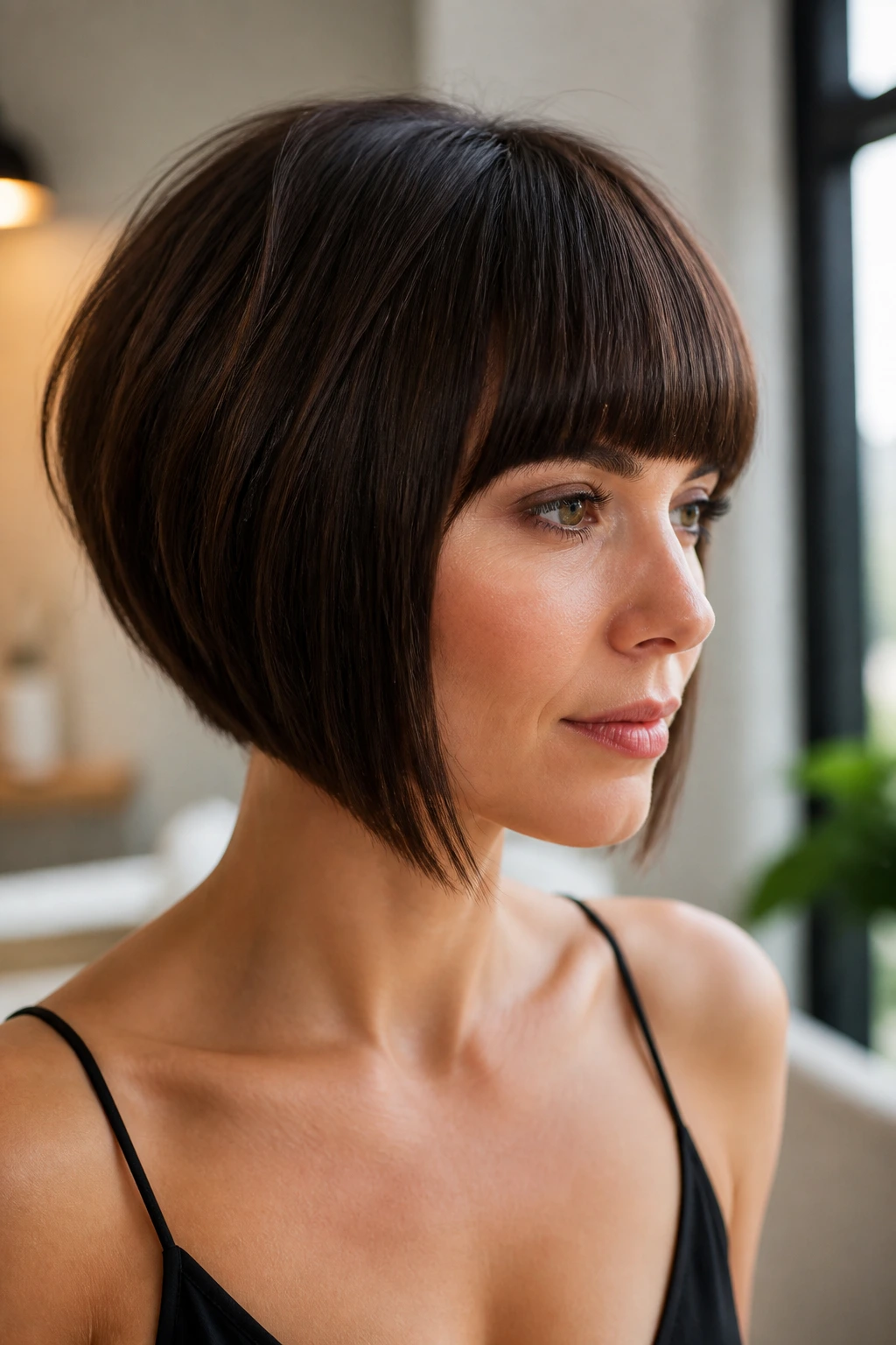 Real woman with stacked back and blunt bangs