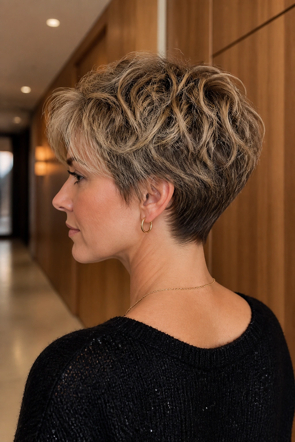 Close-up of a real woman with stacked back pixie