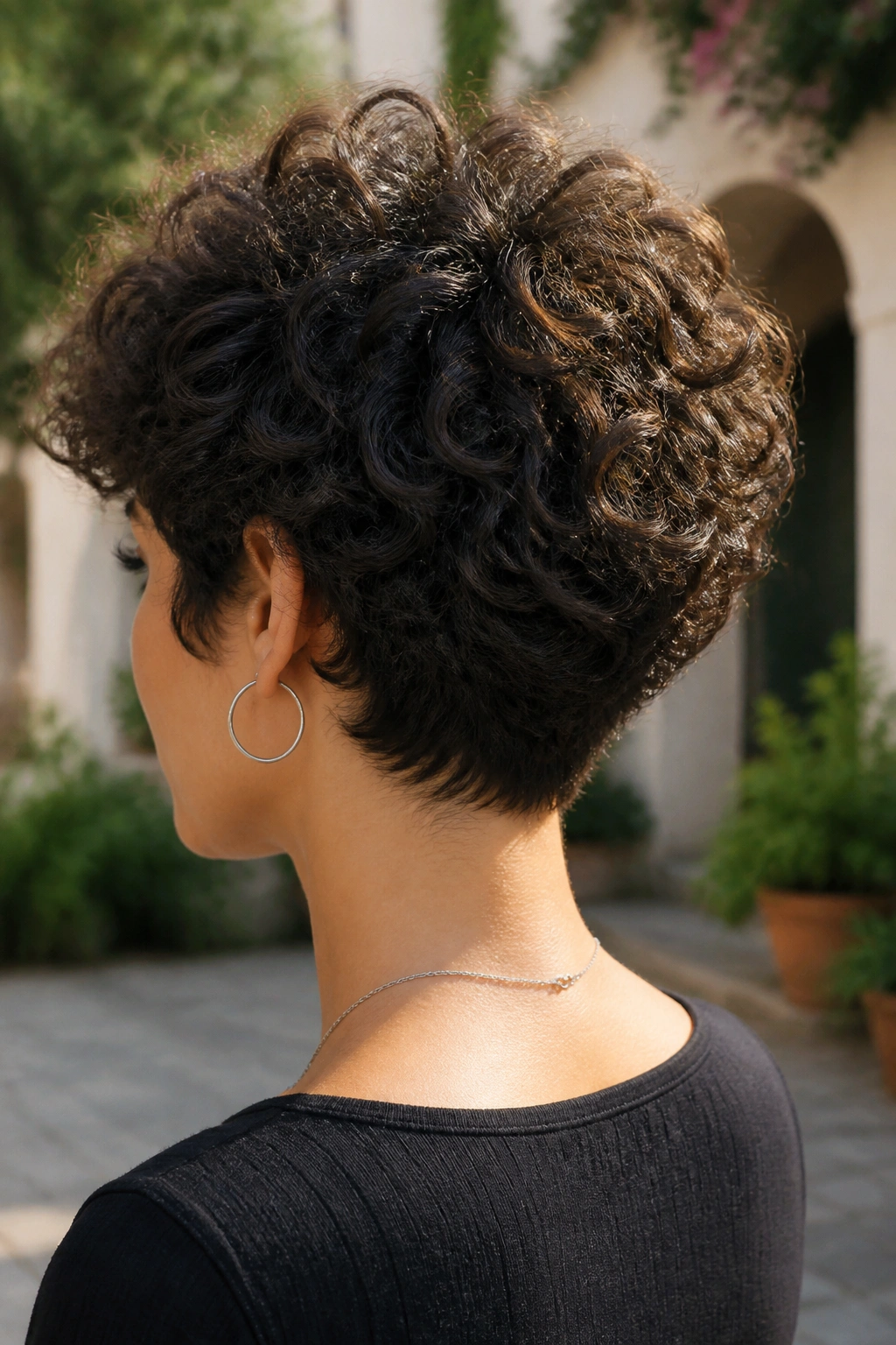 Rear three-quarter portrait showing stacked back curls on a real person
