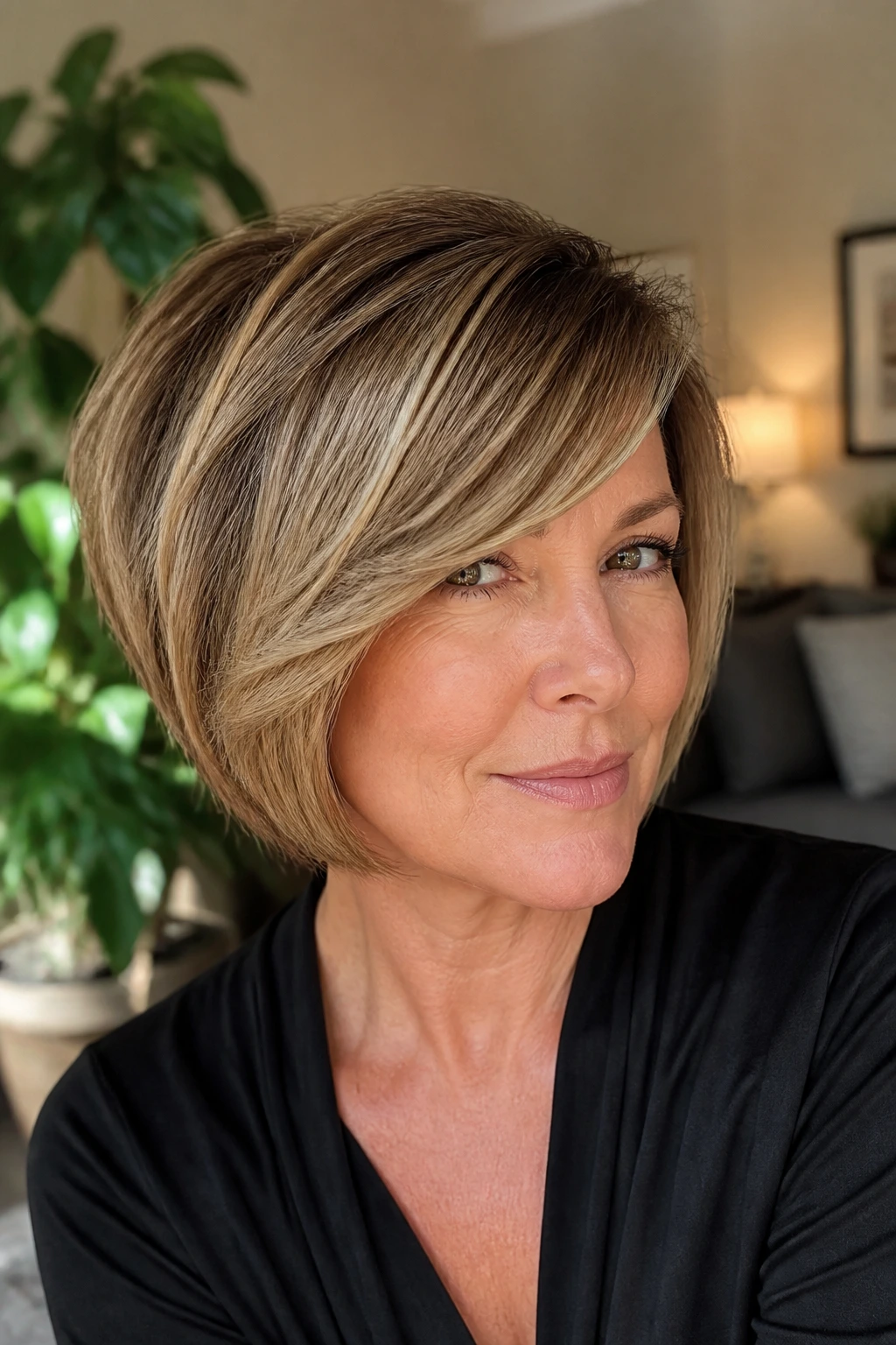 Real woman with stacked back and side-swept bangs in warm living room