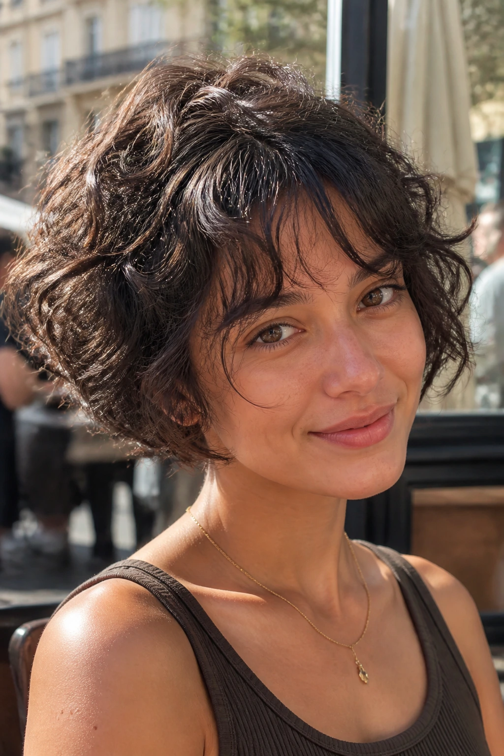 Portrait of a woman with stack bob and airy bangs, 2c curls