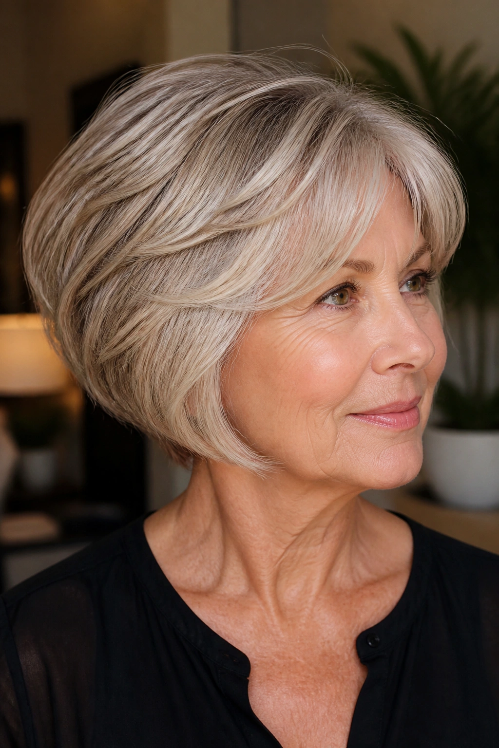Three-quarter portrait of a woman with stacked bob and back lift