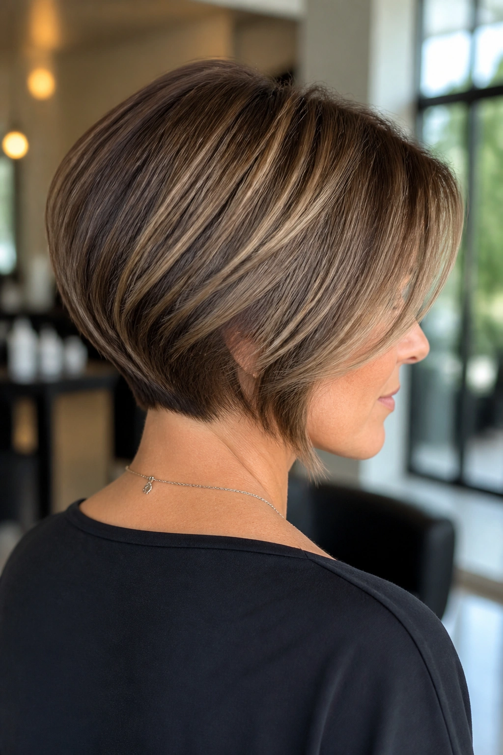 Close-up of a woman showing stacked bob with back lift