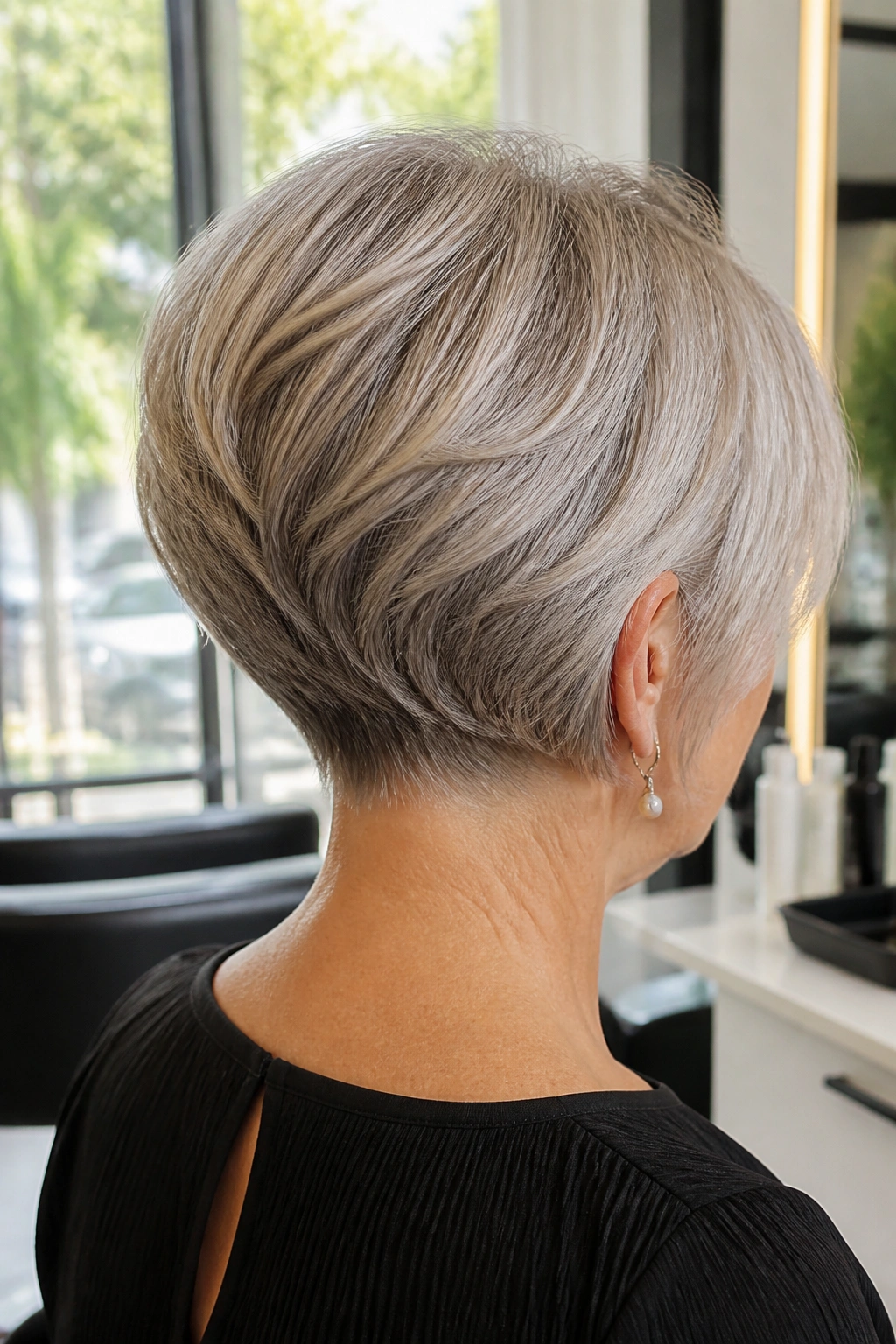 Rear three-quarter view of a real woman with a stacked bob and short nape