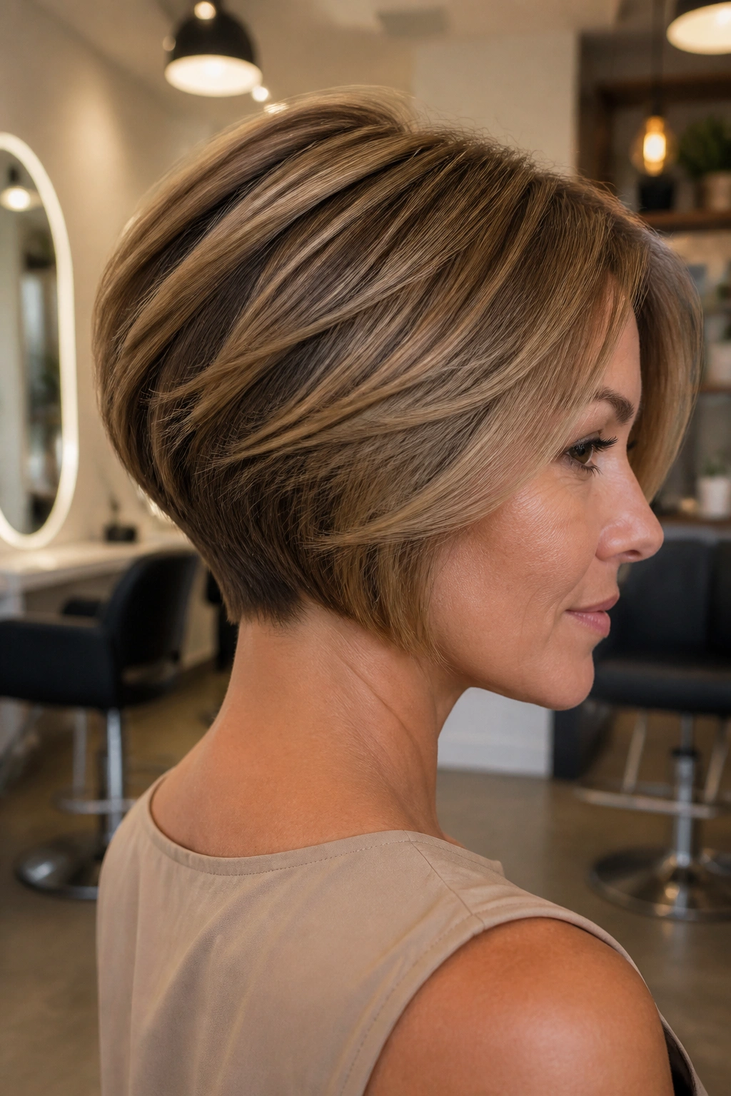 Close-up of a real woman with a stacked bob and lifted crown at the back.