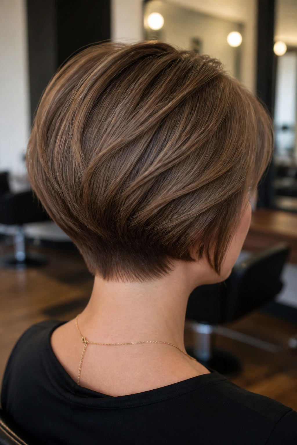 Back view of a real woman with a soft stacked bob creating a rounded back silhouette.