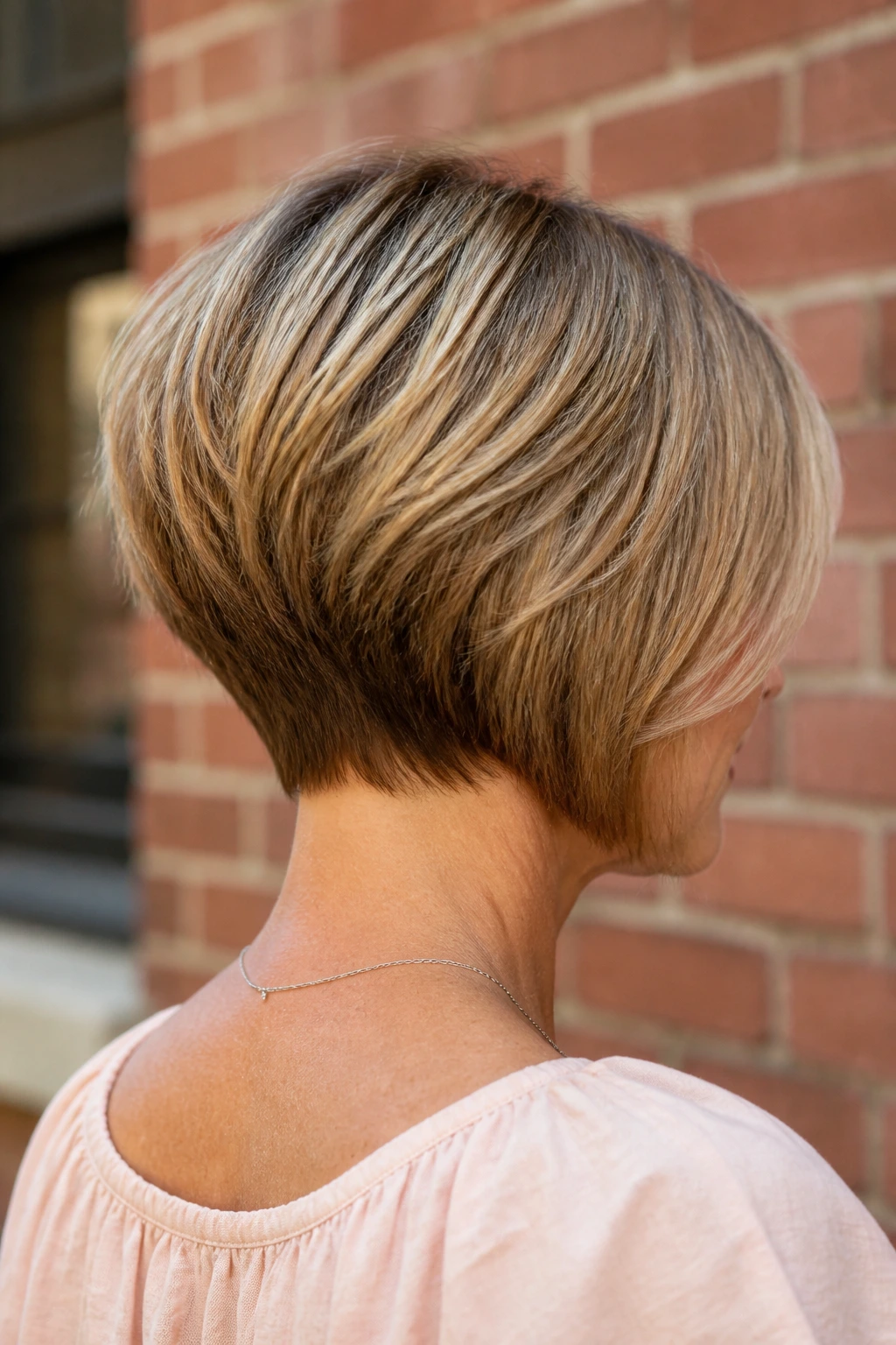 Rear three-quarter view of a real woman showcasing a stacked bob with crown volume against an urban brick background
