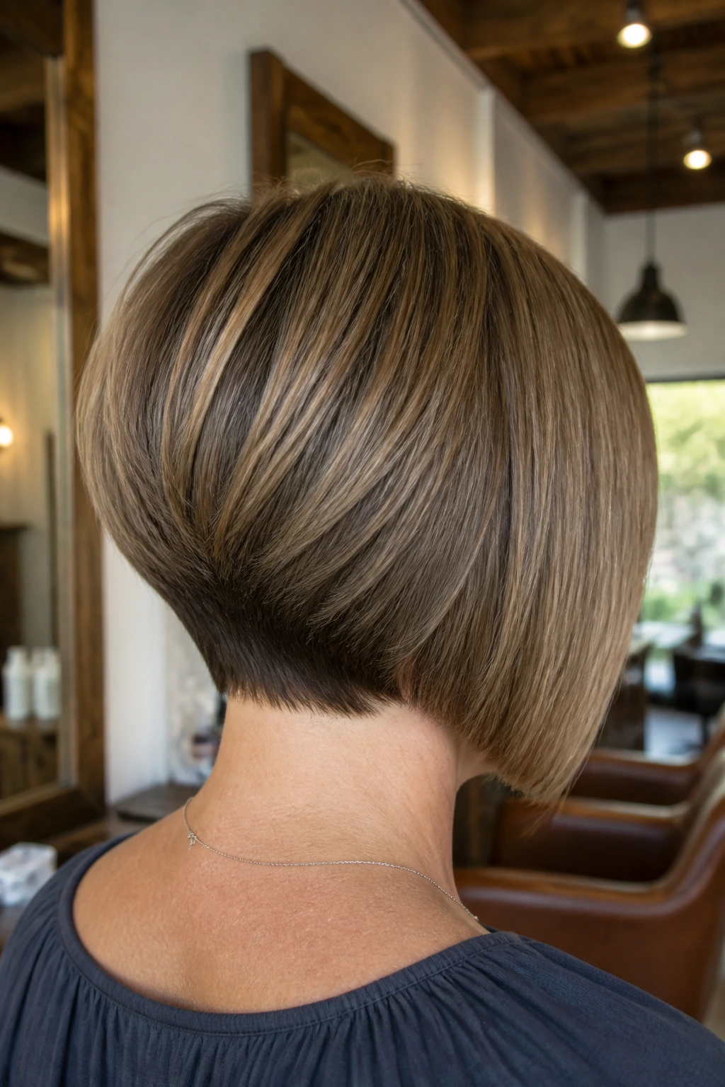 Back-of-head close crop of a real woman with a stacked bob showing gentle graduation at the nape