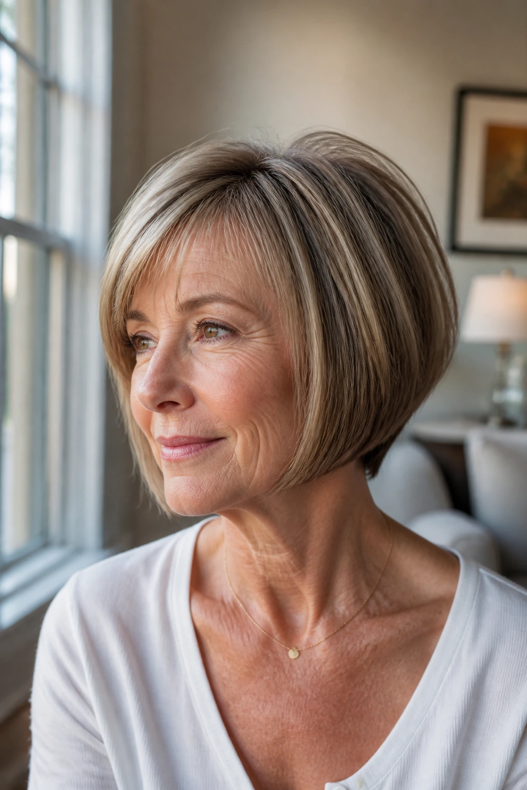Close-up portrait of a real woman with a stacked bob and back volume