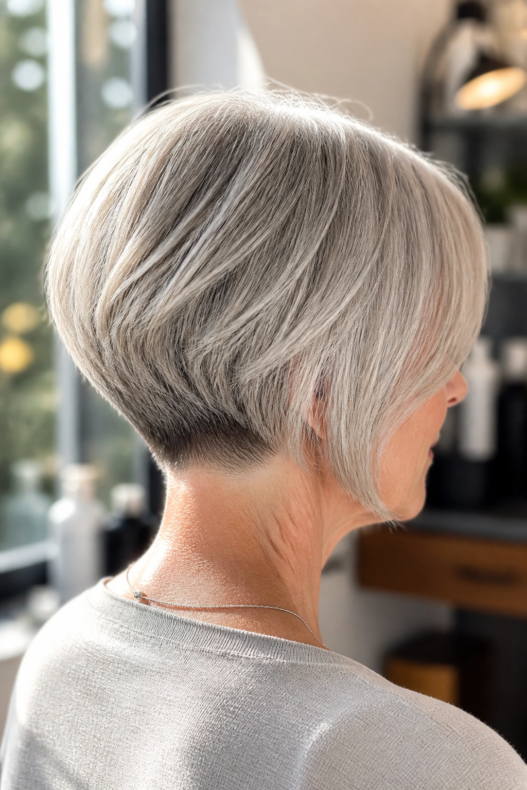 Three-quarter portrait of a real woman with stacked bob and clean nape.