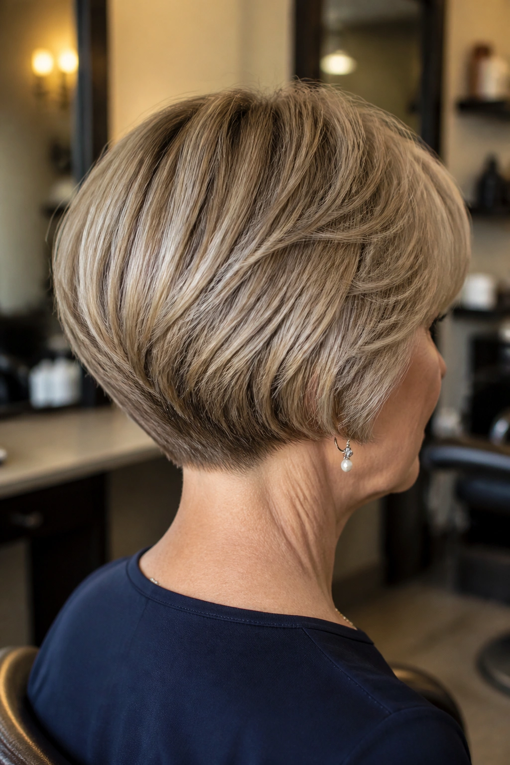 Portrait of a woman with a stacked bob showing a clean nape visible from a slight angle