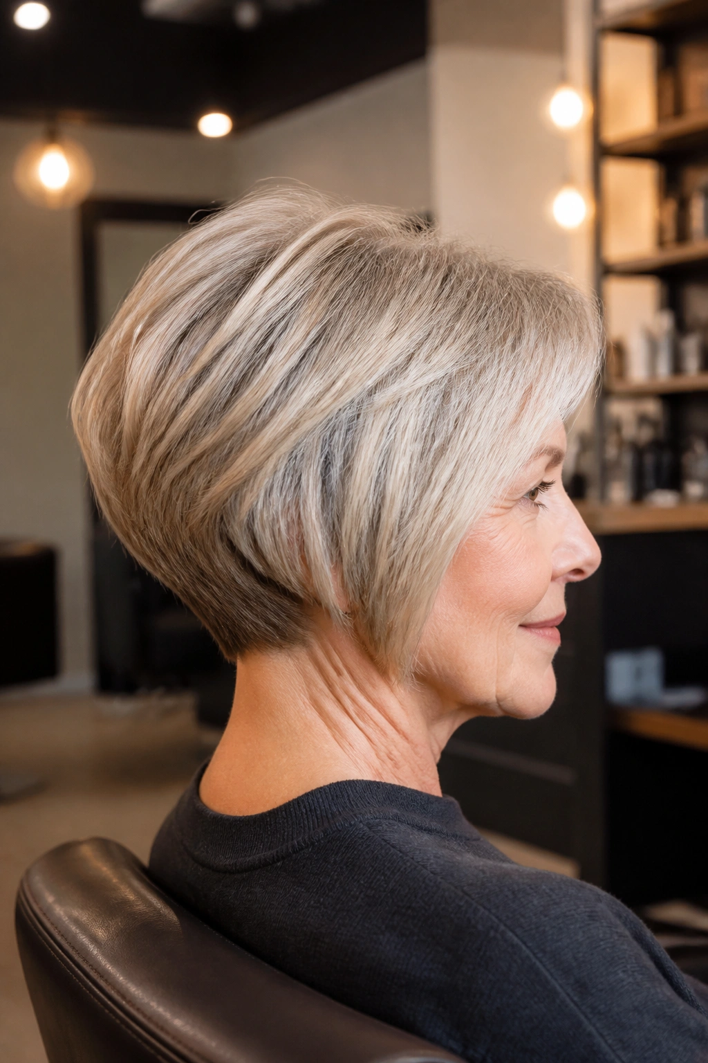 Side-profile portrait of a woman with a stacked bob and crown lift.
