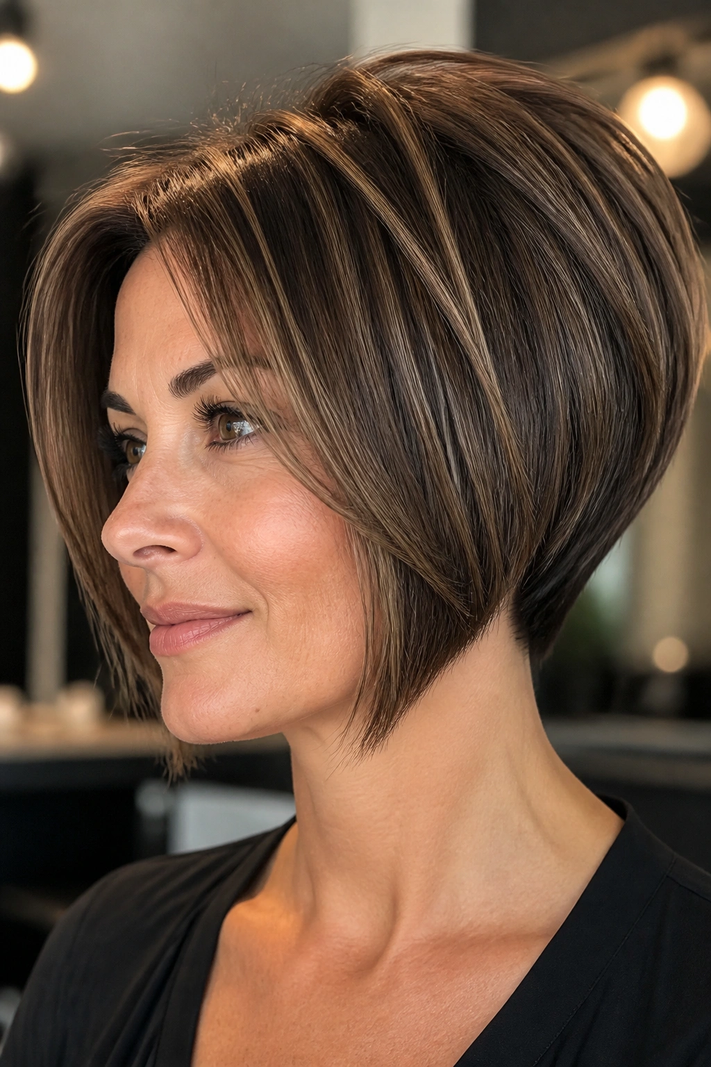 Portrait of a real woman with a stacked bob lifting the crown