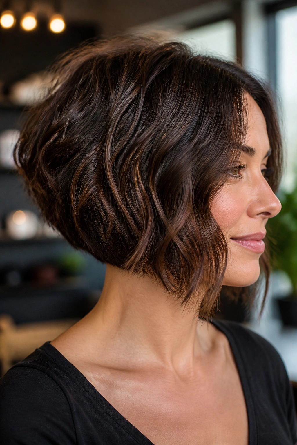 Close-up portrait of a real woman with a stacked bob and crown lift in warm salon light