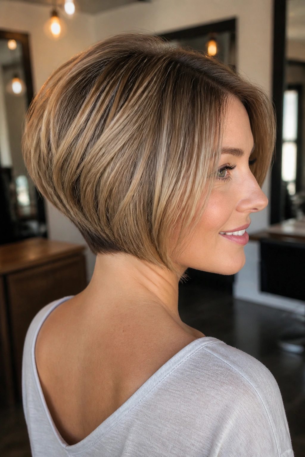 Close-up of a real woman with a stacked bob in a salon