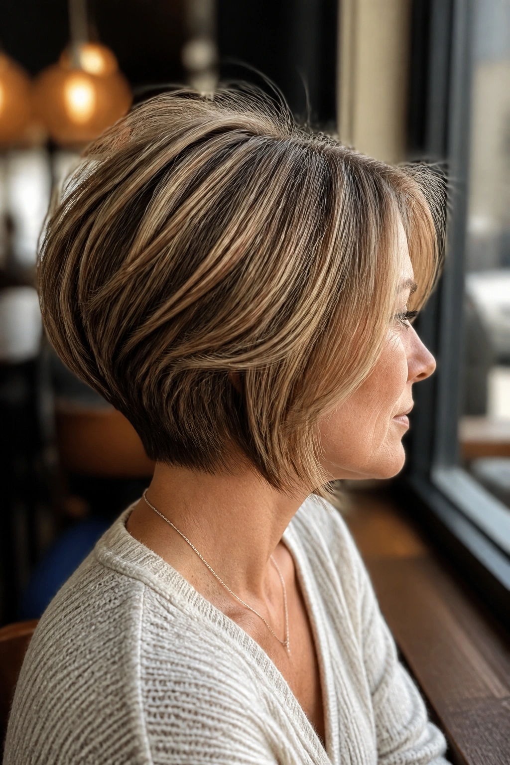 Profile portrait of a woman with a stacked bob and crown lift
