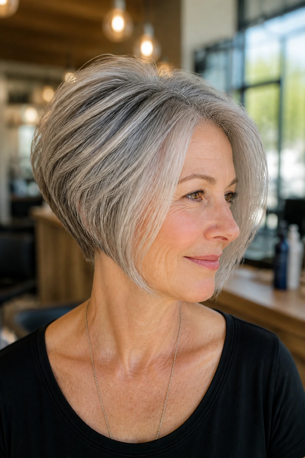 Close-up portrait of a real woman with a stacked bob and crown lift in a warm salon setting