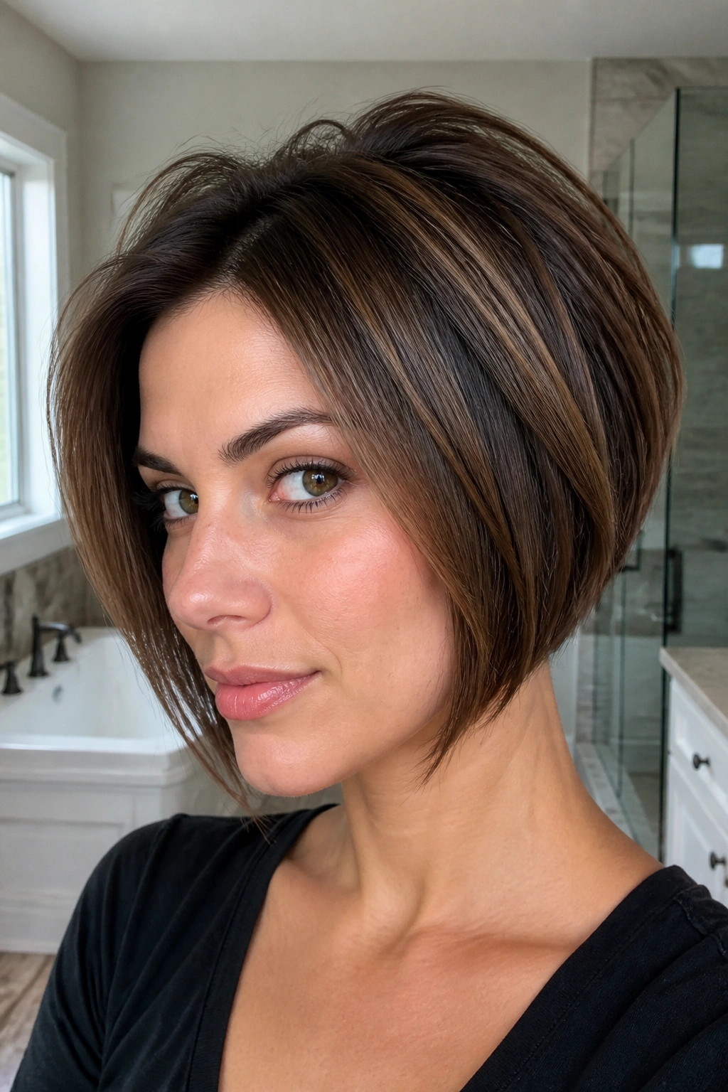 Portrait of a real person with stacked bob showing crown lift