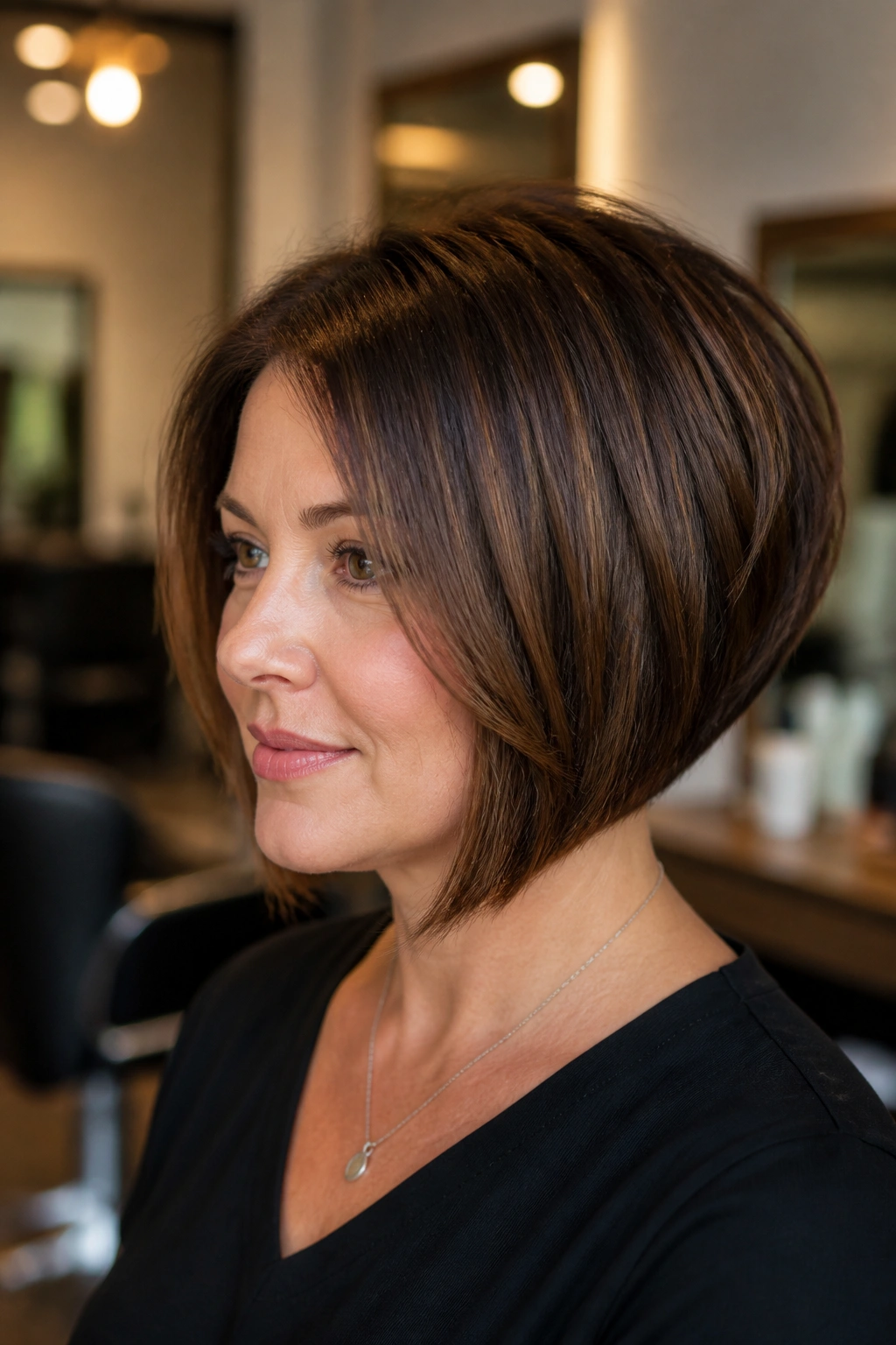 Close-up of a real woman with a stacked bob and crown lift in a salon setting.