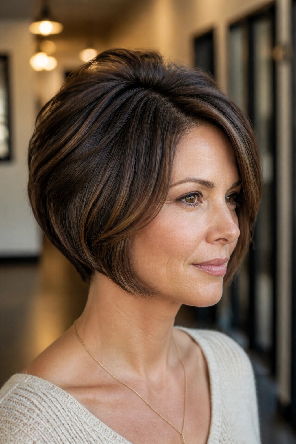 Close-up portrait of a woman with a stacked bob and crown lift