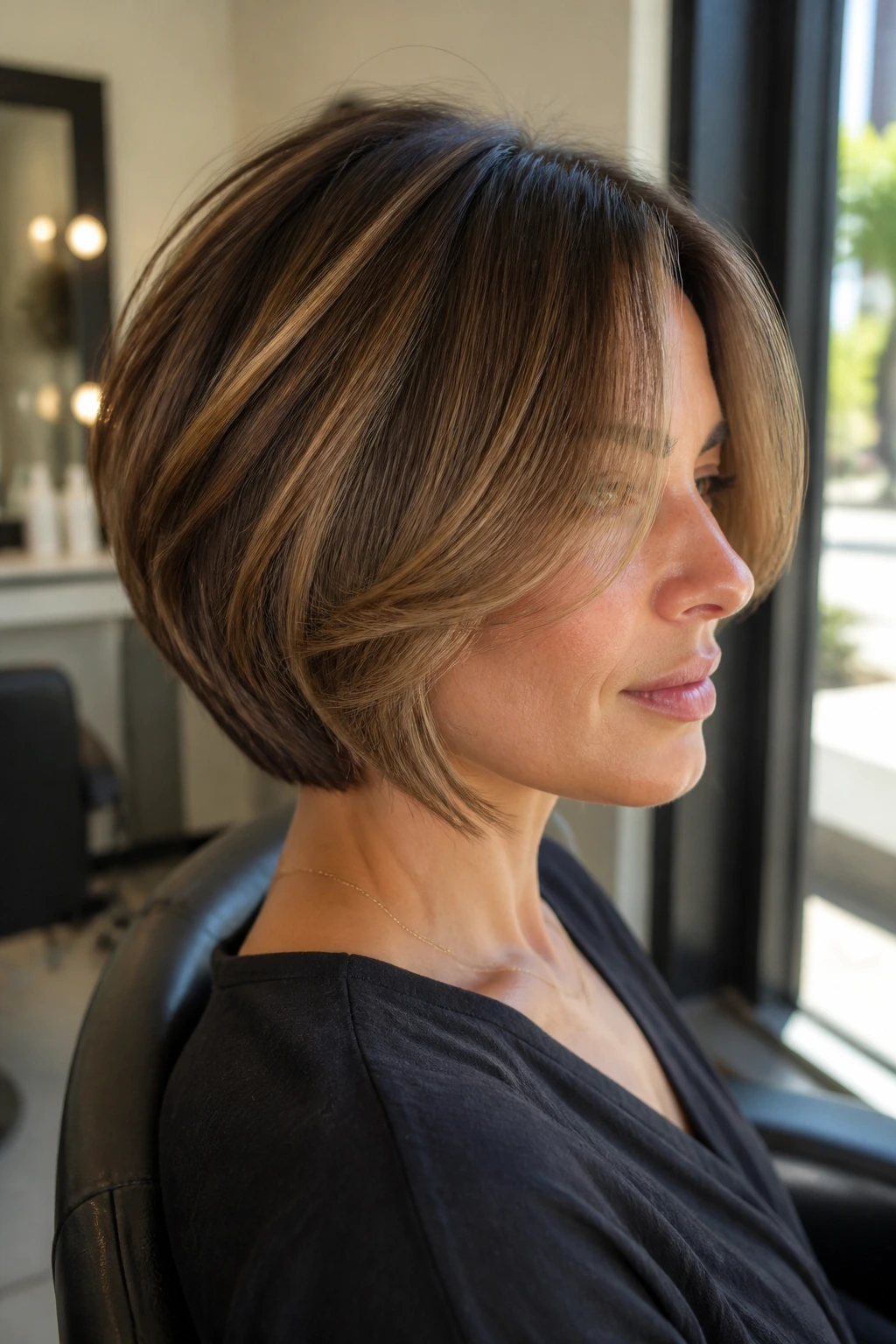 Close-up of a real woman with a stacked bob and curtain bangs