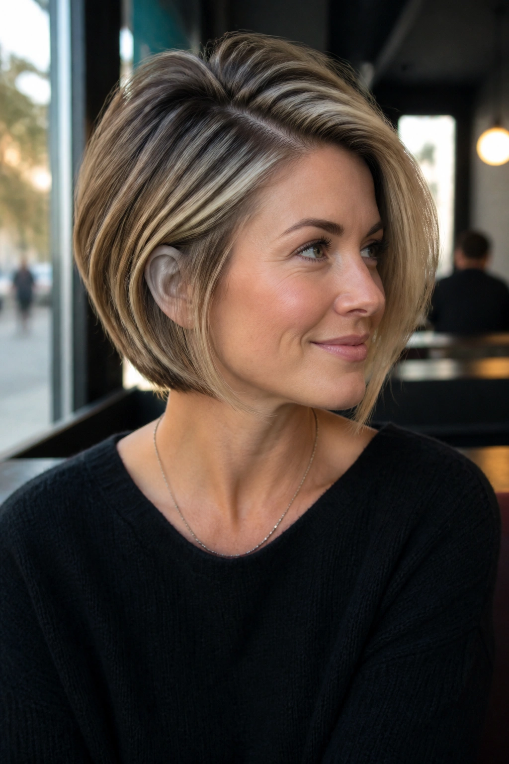 Close-up of a real woman with a deep side part in a stacked bob