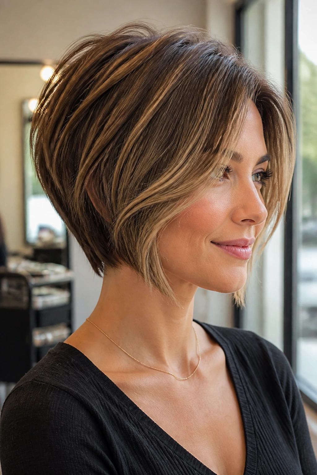 Real person with a stacked bob featuring face-framing layers, shown in salon lighting