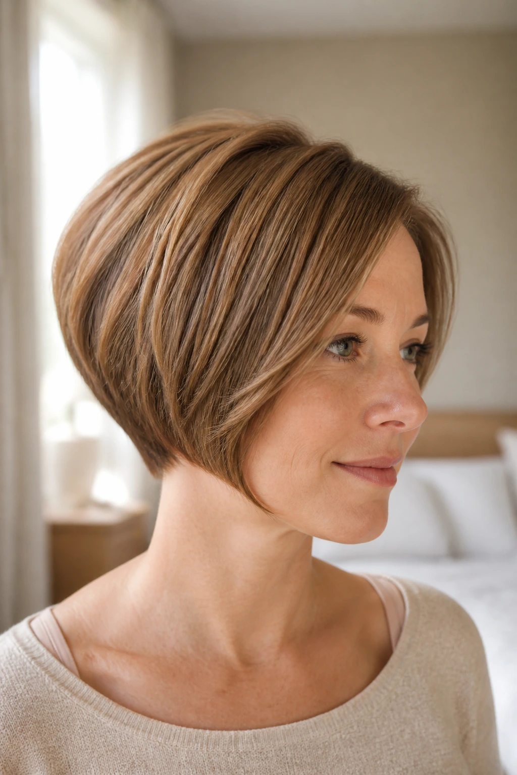 Close-up portrait of a real woman with a classic stacked bob on fine hair, lifted crown and neat nape