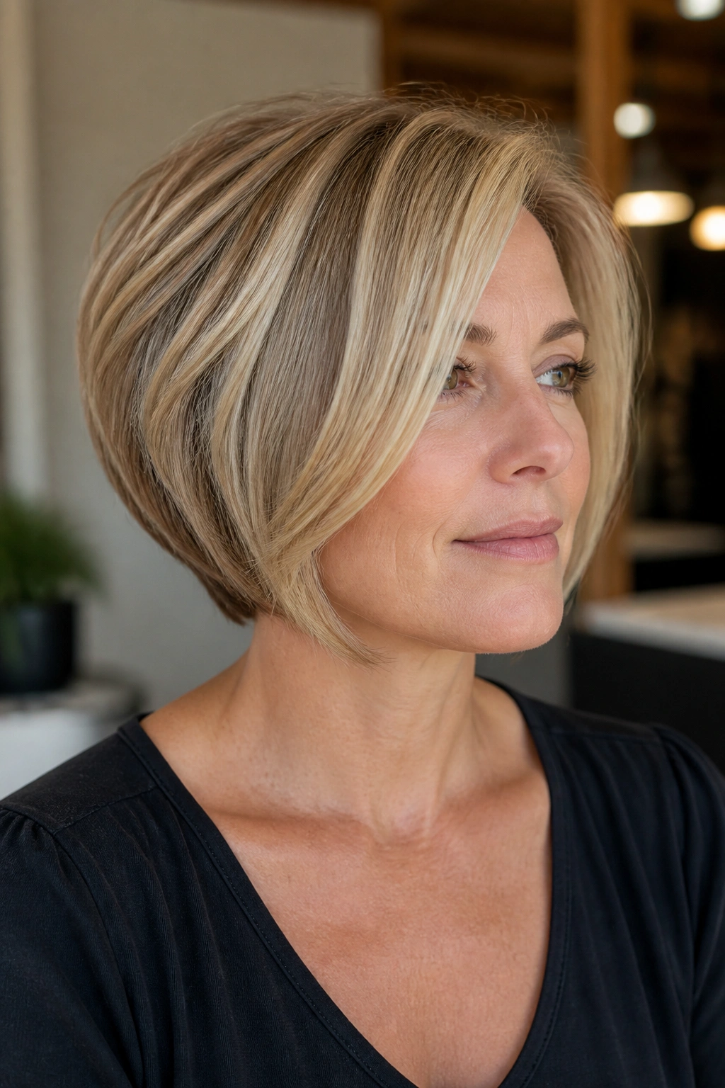 Close-up portrait of a real woman with stacked bob and gentle graduation