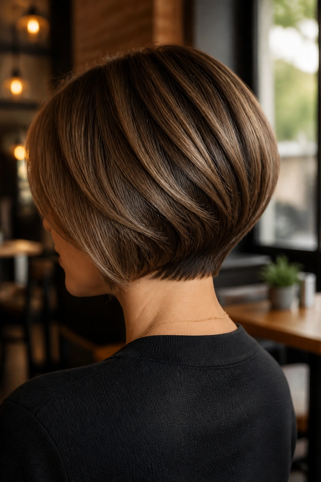 Rear three-quarter view of a real woman with stacked layered bob