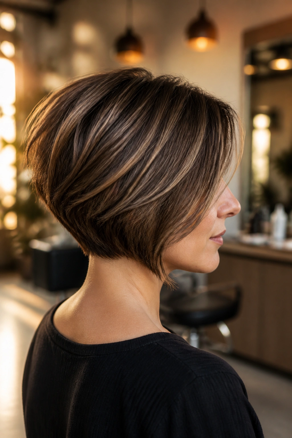 Three-quarter profile of a real woman with stacked bob showing nape layering.