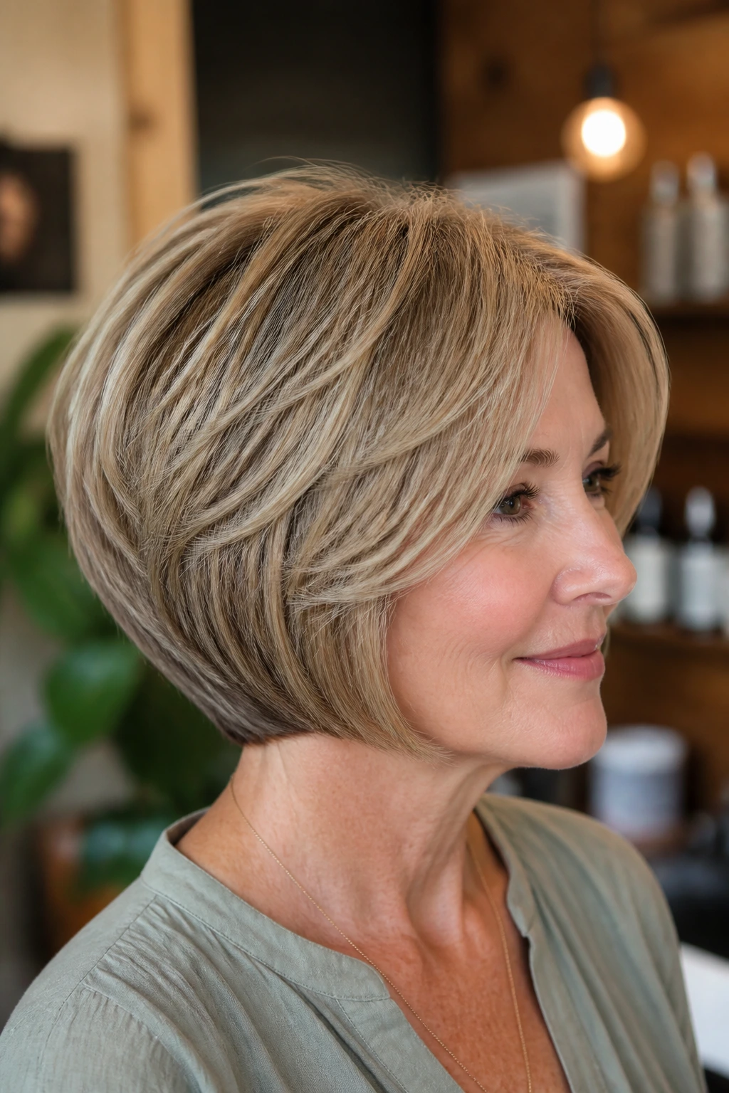 Close-up of a real woman with a stacked bob and gentle graduation in a warm space