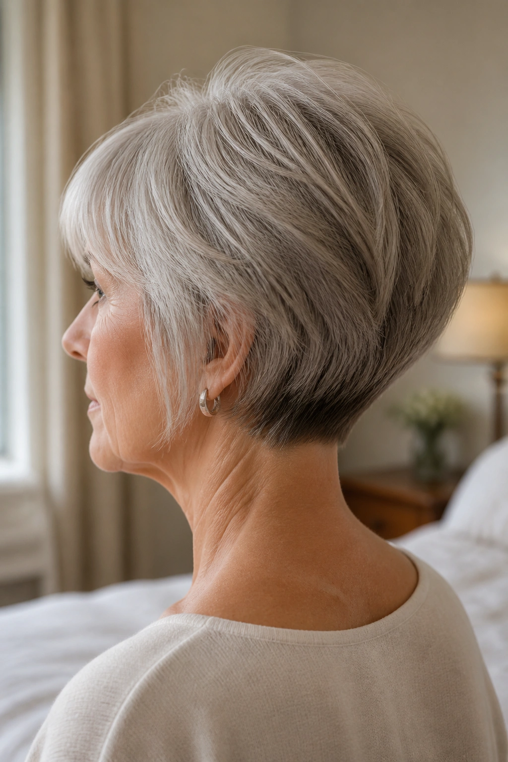Close-up of a real woman with stacked bob and lifted nape on gray hair.