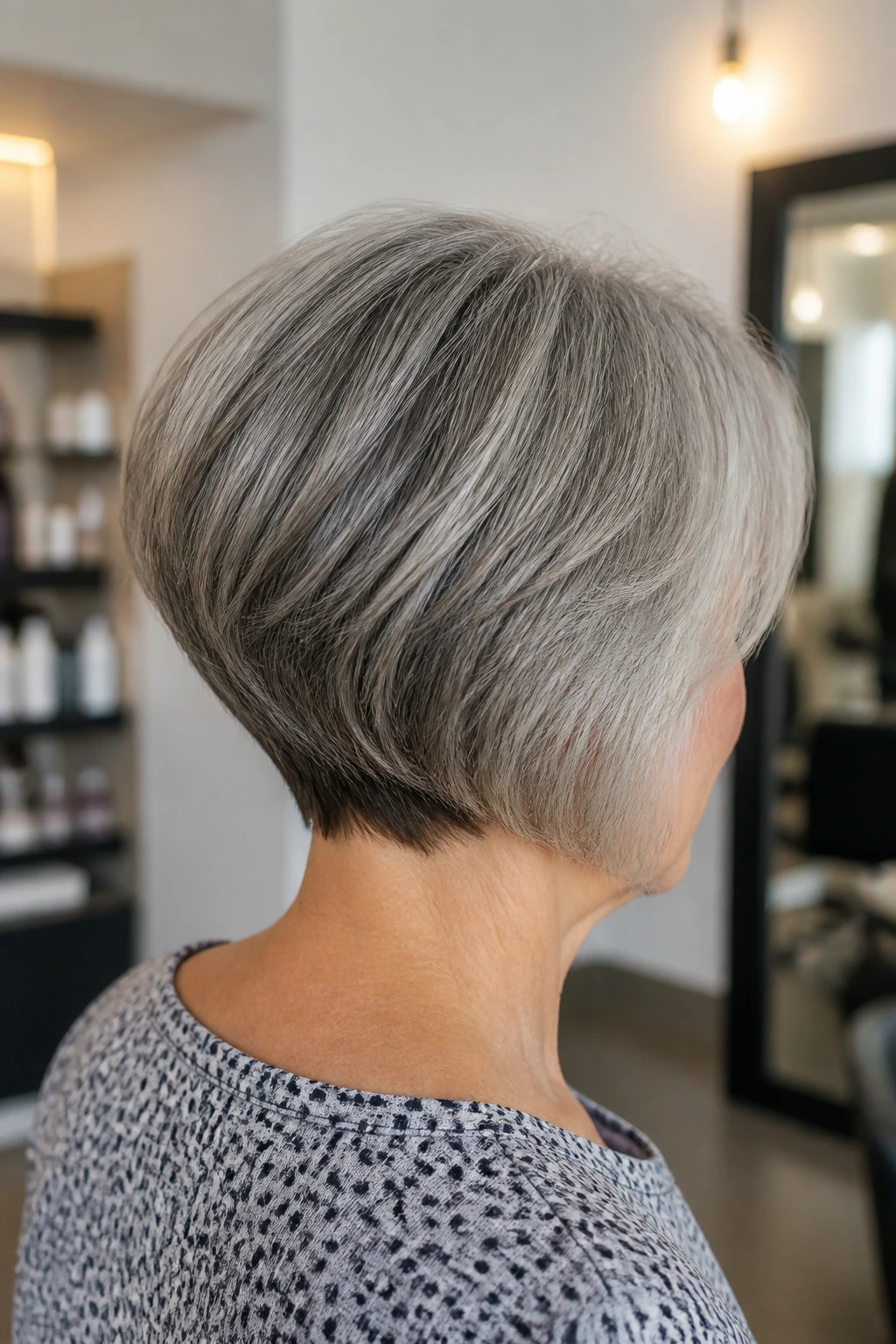 Real woman with stacked bob showing back layers and crown lift.