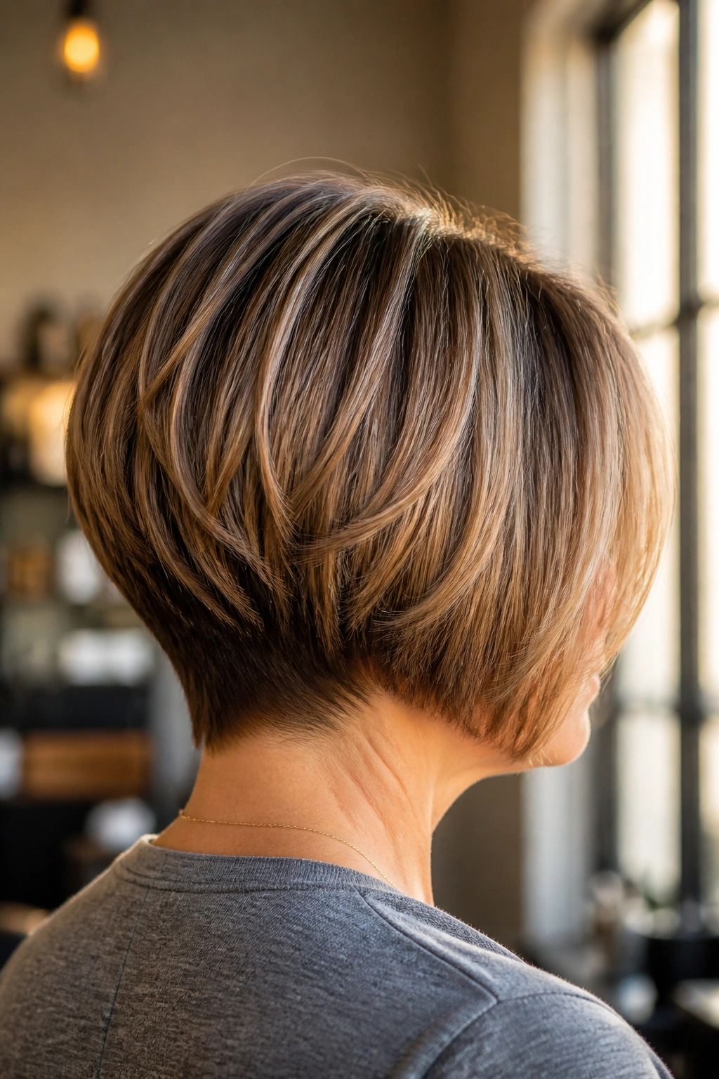 Back view of stacked bob on a real woman highlighting nape stacking and crown lift