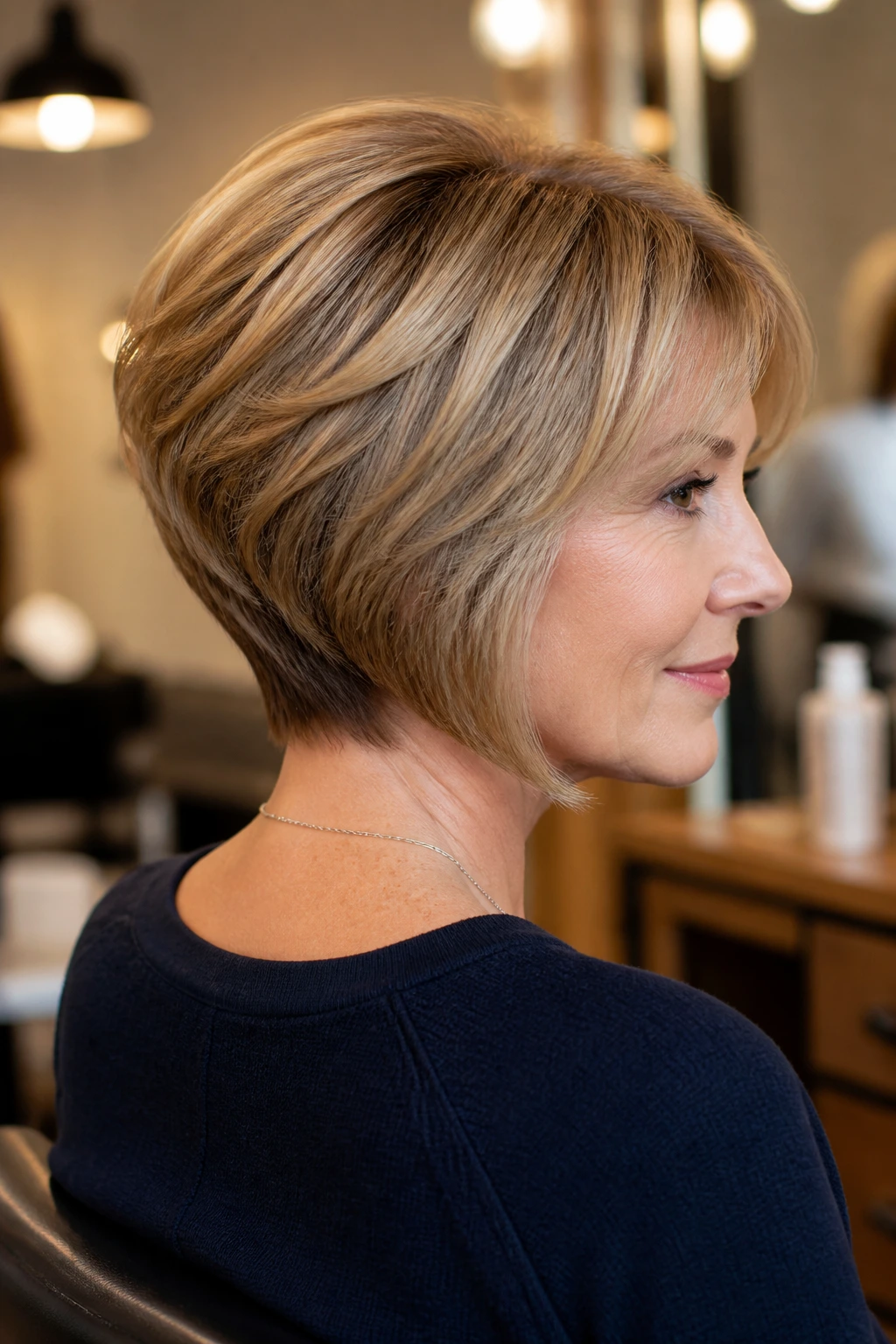 Close-up portrait of a real woman with a stacked bob showing lift at the crown and nape layers in a warm salon setting