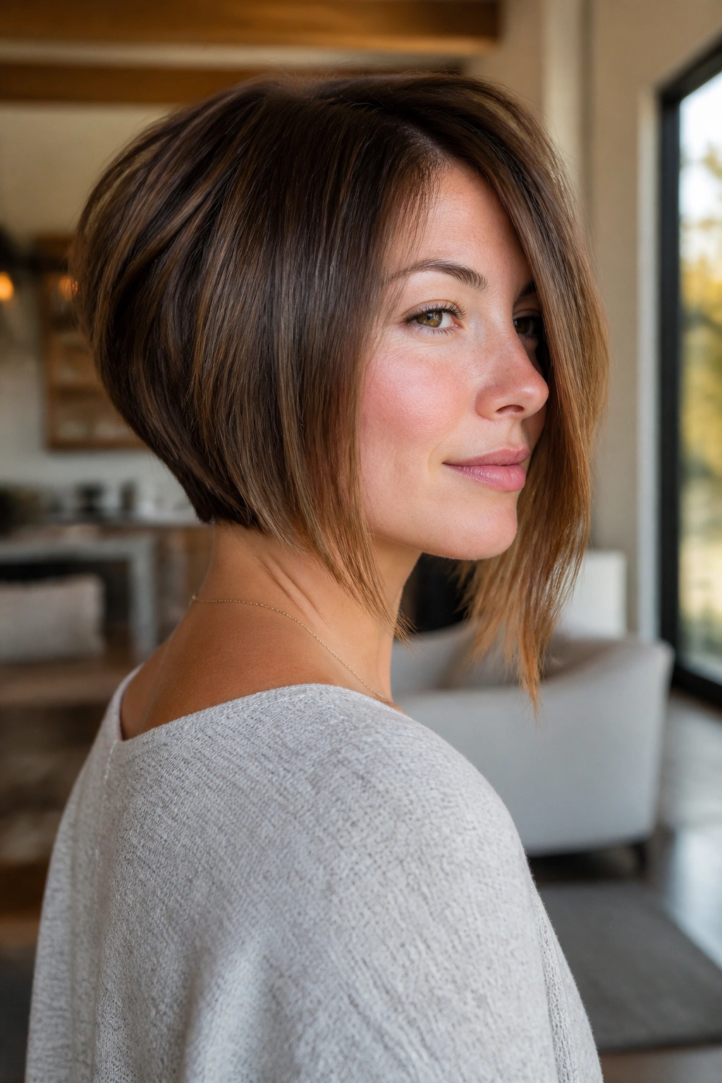 Three-quarter portrait of a real woman with soft stacked asymmetric bob